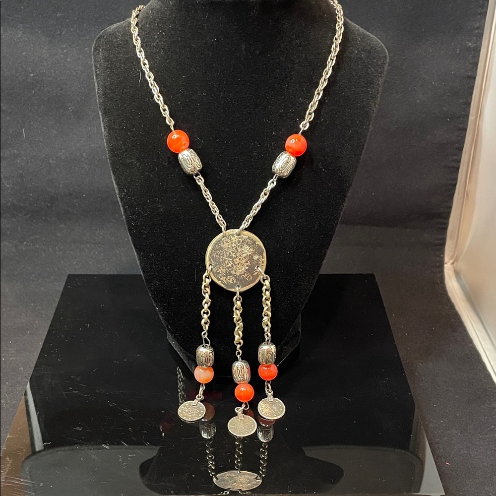 Bohemian Silver and Red Pendant Necklace